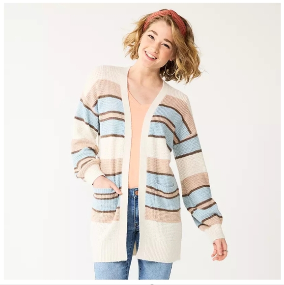 SO Juniors Blue, Tan, and Cream Waffle Cardigan. Size L. NWT - Picture 1 of 8